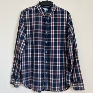 Sun + Stone Nave Brown White Plaid Button Up Cotton Long-Sleeve Causal Shirt M